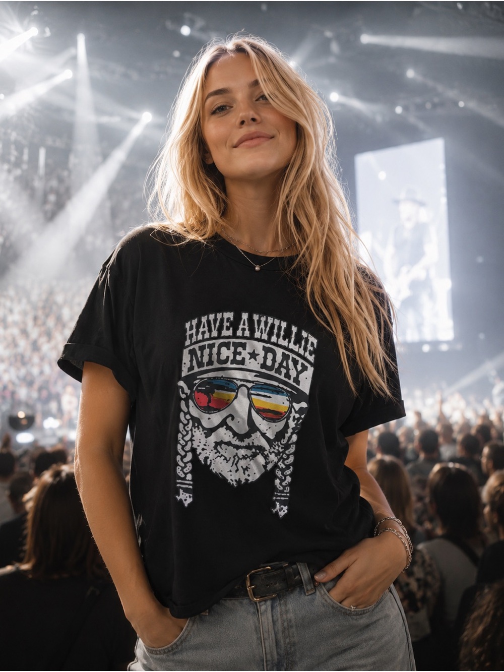 Amazon Black Graphic Tee with Willie Nelson Sunglasses Print